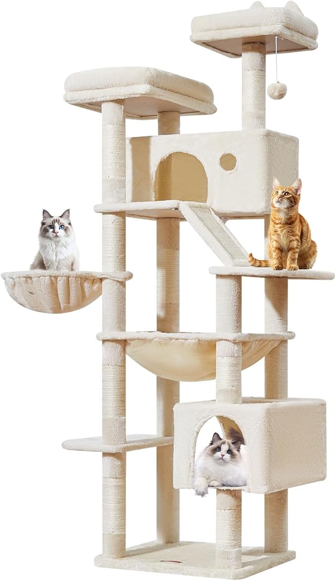 Taoqimiao Cat Tree 71-Inch, Cat Tower for Indoor Cats Large Adult, Multi-Level Large Cat Condo, 8 Sisal Scratching Posts, Metal Frame Cozy Hammock, Scratch Board, 2 Top Perches, Beige MS026LM