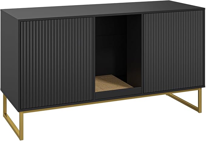 Litter Box Enclosure for 2 Cats, Fluted Hidden Cat Litter Box Furniture with Scratch Pad and Metal Legs, Modern Double Room Kitty House for Living Room, Washroom, 47.2”L x 17.7”W x 25.9”H, Black