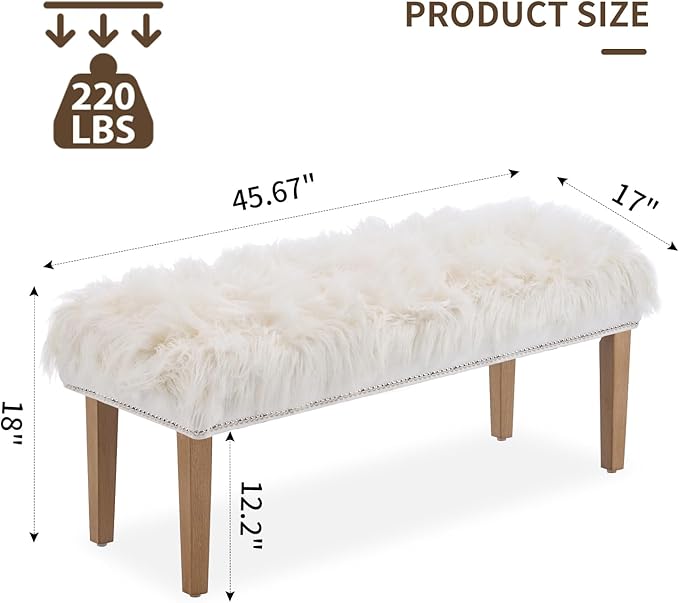 46 Inch White Bedroom Bench, Modern Multi-Purpose Bench with Wooden Legs, Faux Fur Upholstered, 3-Seater, 220 lbs Weight Capacity