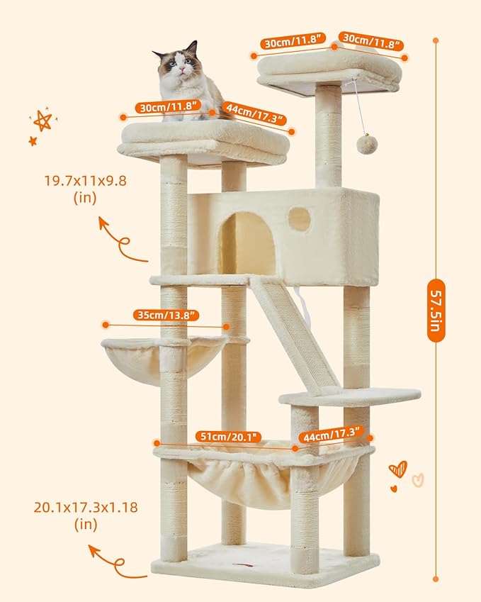 Taoqimiao Cat Tree 57.5-Inch, Cat Tower for Indoor Cats Large Adult, Extra Large Cat Condo, 8 Sisal Scratching Posts, Metal Frame Cozy Hammock, Durable Scratch Board, 2 Top Perches, Beige MS026M