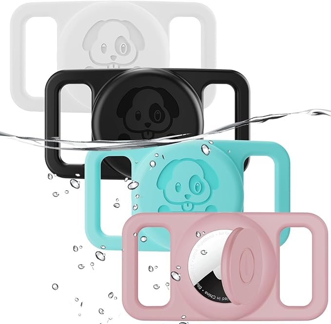 4 Pack Waterproof Dog Collar Holder Compatible with AirTag, Silicone Hidden Loop Holder for Airtag Tracker, Anti-Lost Dog Collar Accessories(Cyan,White,Black,Pink)