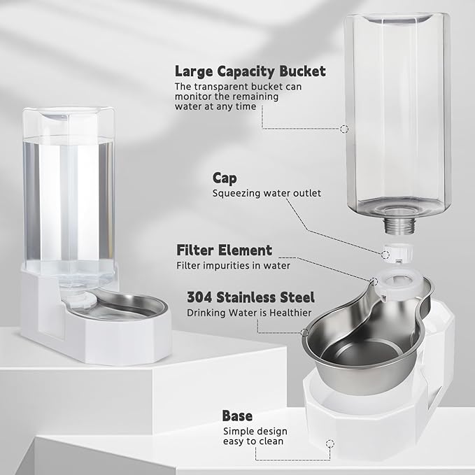 Sfozstra Large Dog Water Dispenser: 9L Automatic White Water Feeder with Stainless Steel Bowl - with Filter - Gravity Design for Multiple Pets Indoor/Outdoor