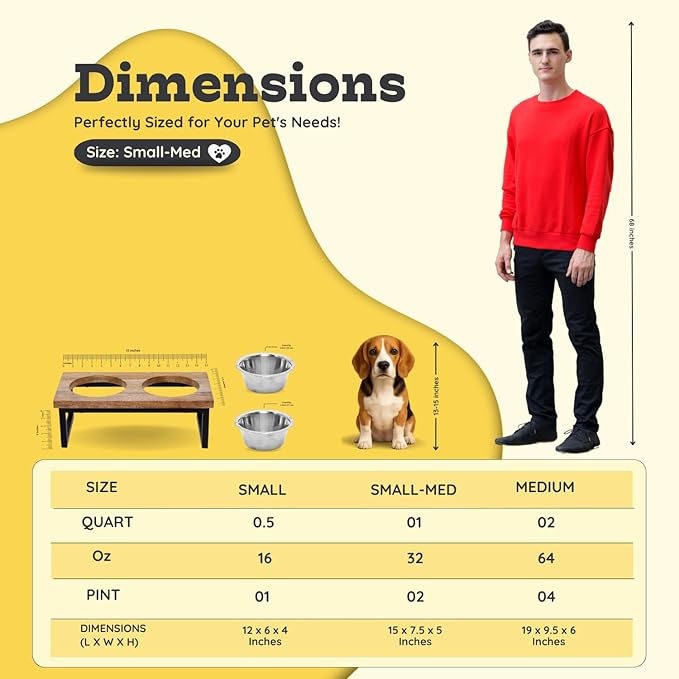 Elevated Dog Bowls, Small-Med 5 Height Mango Wood Raised Dogs Bowl Iron Stand with 2 Pcs 32oz Stainless Steel Pet Dishes | Food & Water 4Cup/0.95L Capacity Nonslip Cats Feeding Station