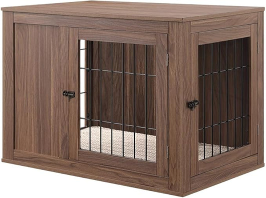 unipaws 30 Inch Furniture Style Dog Crate, Indoor Aesthetic Puppy Kennel with Door, Modern Decorative Wood Wire Pet House Dog Cage, Pretty Cute End Side Table Nightstand, Walnut
