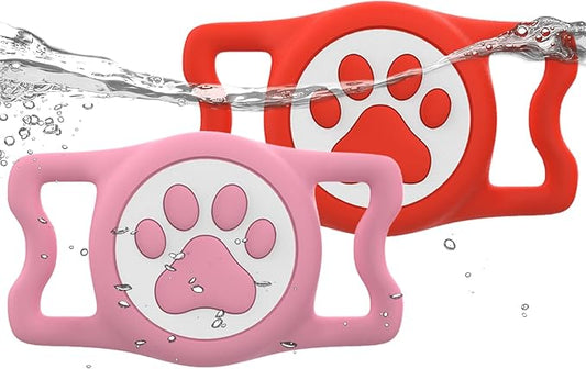 IP68 Waterpoof Dog Airtag Holder, Stretchy Silicone Full Body Covered Apple Air Tag Holder for Dog Cat Collar Fit All Width Collar (Pink/Red, 2 Pack)