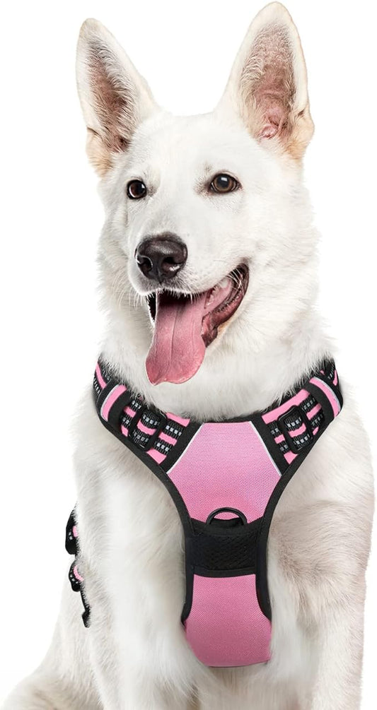 Eagloo Dog Harness Large Breed, No Pull Service Vest with Reflective Strips and Control Handle, Adjustable and Comfortable for Easy Walking, No Choke Pet Harness with 2 Metal Rings, Pink, XL