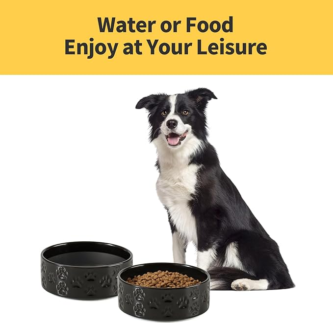 Ceramic Dog Bowl Set, 7.3" Dog Bowls with Anti-Slip Rings for Medium Breed Dogs, 5 Cup Food and Water Bowls, Pet Dishes for Medium-Sized Dogs, Dishwasher Safe (Double Bowls - Black, 7.3 inch)
