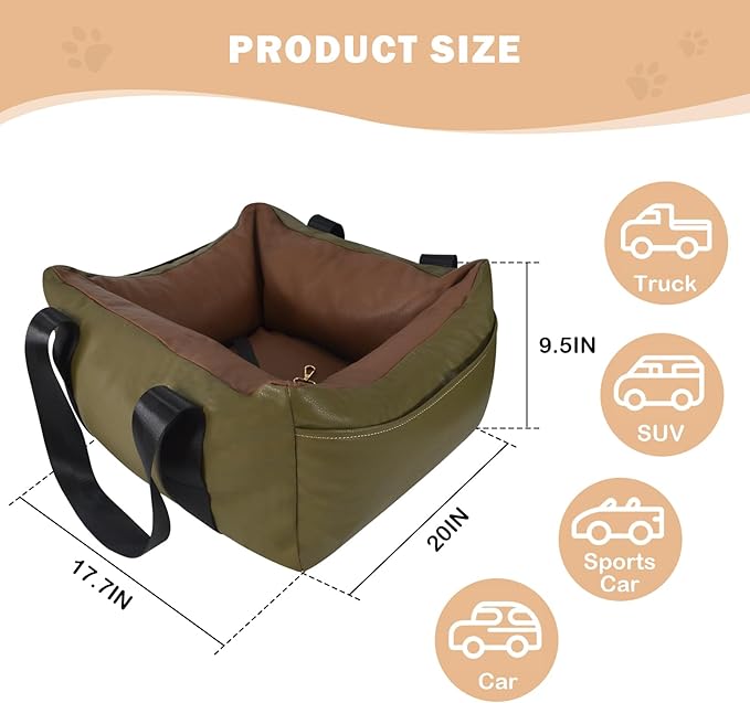 Dog Car Seat for Small Dogs, Large Leather Dog Car Bed with Storage Pocket, Waterproof PVC Leather Booster Seat Travel Bed for Front & Back Seat, Clip-On Safety Leash (Green/Brown)