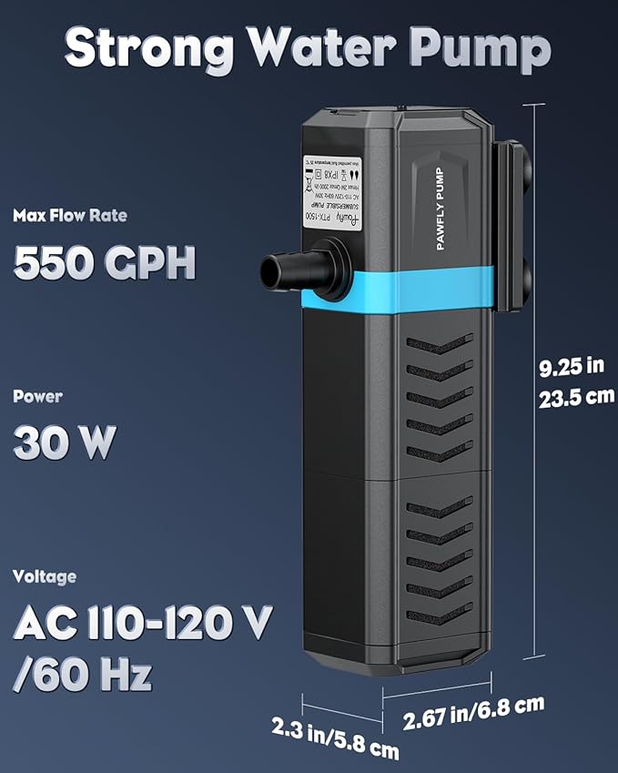 Pawfly Internal Aquarium Filter for 120-200 Gallon Fish Tanks Adjustable Fish Tank Filter with 550 GPH Powerful Water Pump Ultra Quiet Submersible Filter for Freshwater Saltwater Pond Filtration