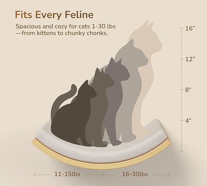 Wood Cat Wall Shelf with Soft Foam Cushion, Curved Cats Wall Bed for Large Cats, Floating Cat Perch for Sleeping & Climbing