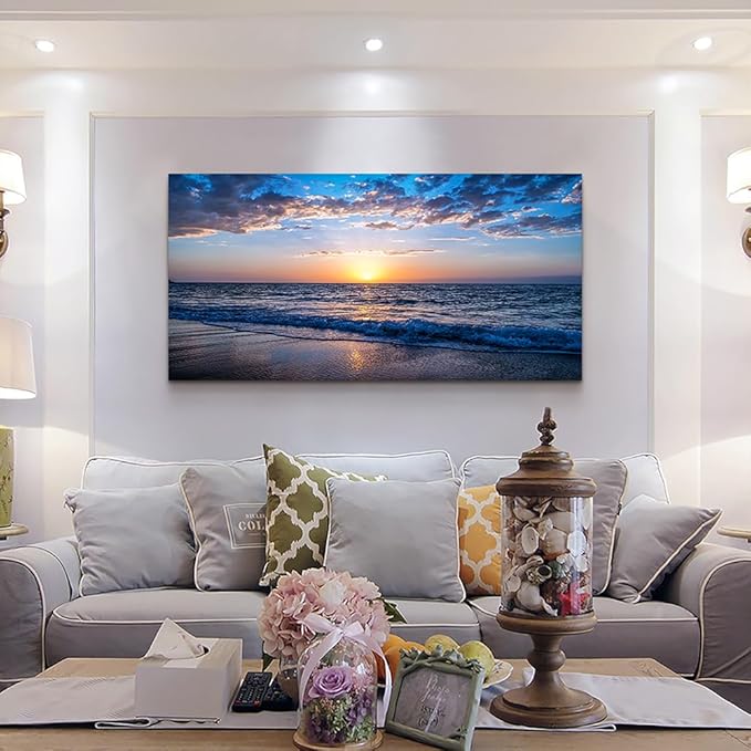 Lapremoly Large Canvas Wall Art For Living Room farmhouse Wall Decor For Office Ocean Wave Wall Paintings Blue Sea Beach Pictures Framed Ready To Hang Bedroom Decor Prints Posters Art 24X48 inch