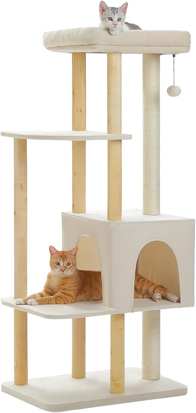 PAWZ Road Large Cat Tree, 53 Inches Modern Wooden Cat Tower for Indoor Large Cats, Multi-Level Cat Condos with Long Scratching Posts and Natural Wood Posts-Beige