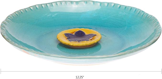 DUSVALLY Vintage Birdbath Ceramic Bird Bath Bowl Decor for Bird Bee Bath for Outdoor Patio Garden Backyard Yard,Blue with Yellow Flower