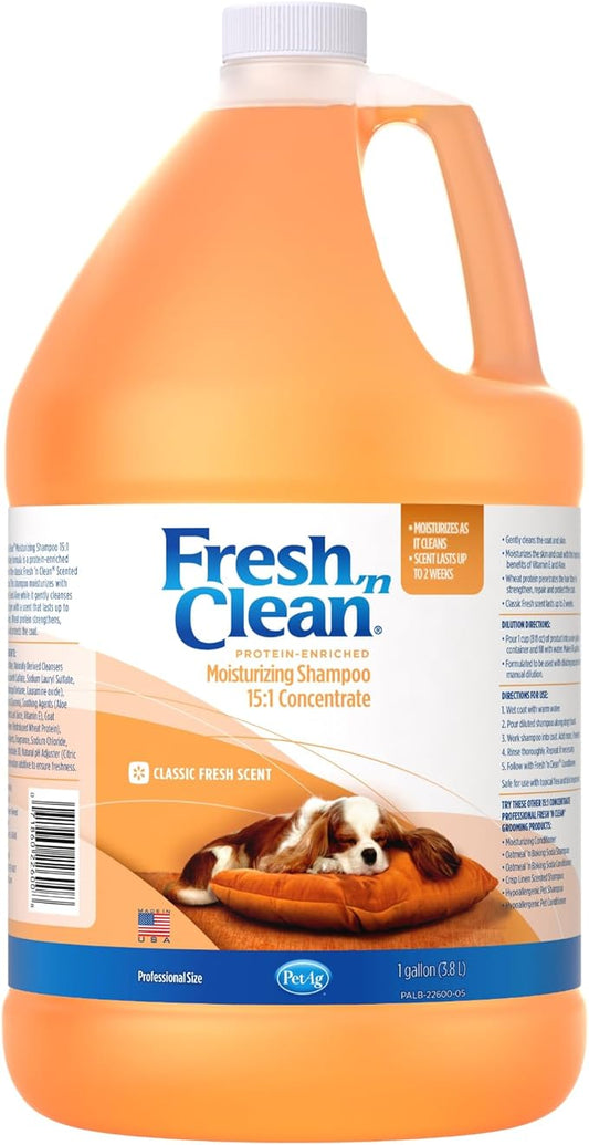 PetAg Fresh โn Clean Moisturizing Shampoo, Classic Fresh Scent (15:1 Concentrate) - 1 Gallon - Moisturizes with Vitamin E & Aloe Vera - Strengthens & Repairs Coats - Soap Free