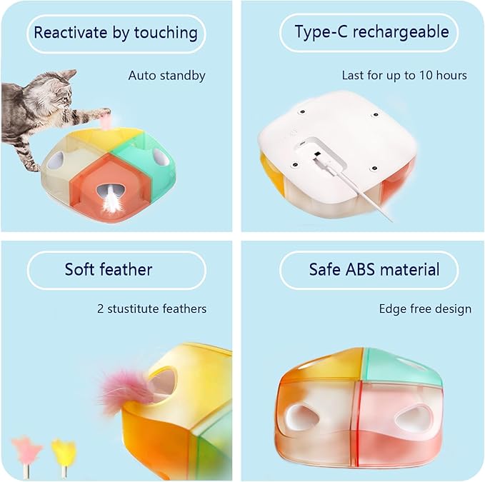 Cat Toys Interactive Automatic Whack-A-Mole/Hide and Seek Ultra Fun Smart cat Feather Toy for Indoor Cats Rechargeable 2-Feather 4-Hole stimulating Instinct of Hunting get rid of Boredom