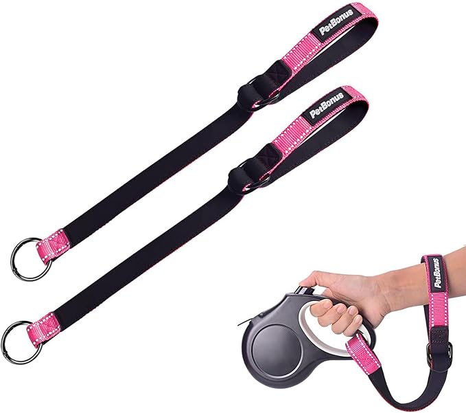 PetBonus 2 Packs Short Dog Leash, Safety Wrist Strap for Retractable Dog Leash, Reflective Design and Adjustable Soft Padded Handle, Extra Layer Security for Pet Stroller (Pink, Pink)