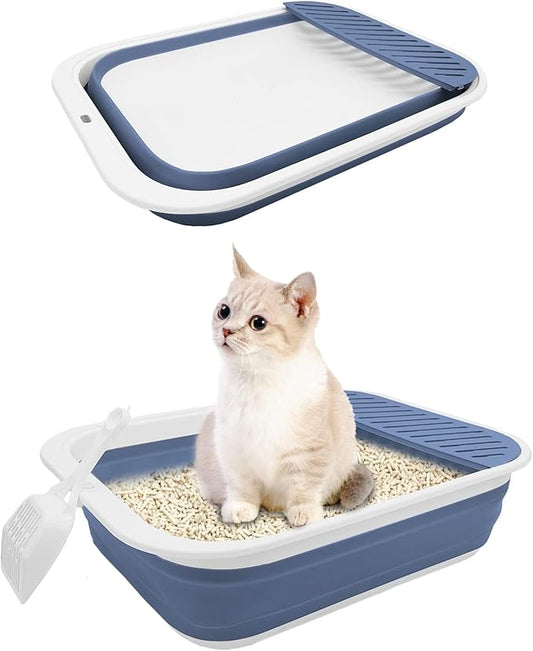 BNOSDM Collapsible Small Cat Litter Box for Kittens Open Potty Pan Foldable Cat Toilet with Scoop Senior Kitty Travel Shallow Litters Boxes Anti-Splash Waterproof Blue 17.7"ร13.4"