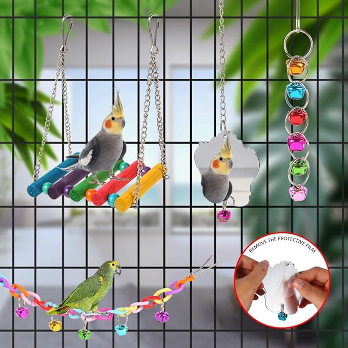 Bird Toys for Parakeets, Parrots, Conures, Cockatiels, Love Birds, Finches, Mynah, Budgerigar - 9Pcs Wooden Ladder Bridge, Swing, Hammock, Cage Accessories