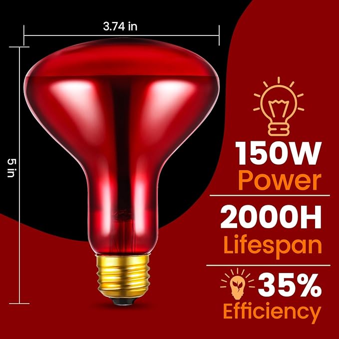 2-Pack 150W Infrared Heat Lamp - Reptile Heat Emitter, Red Heat Bulb for Chicked, Snake & Leopard Gecko, E26 Base