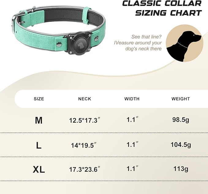 AirTag Dog Collar - Leather Dog Collar with Air Tag Holder | IPX8 Waterproof, Reflective, High - End, Adjustable Soft Padded | Dog GPS Tracker Collars Fit for Medium Large Dogs (Teal, L)
