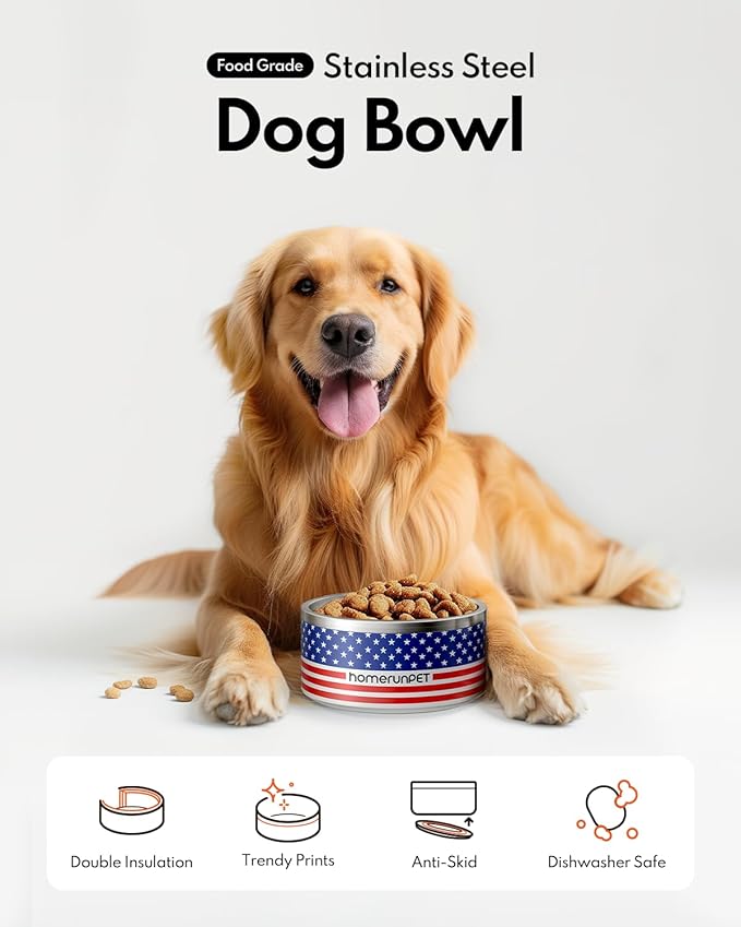 Homerunpet Double Wall Stainless Steel Dog Bowls, Non-Slip Base, Dishwasher Safe, Durable Pet Food & Water Bowl for Dogs & Cats(32oz, American Flag)