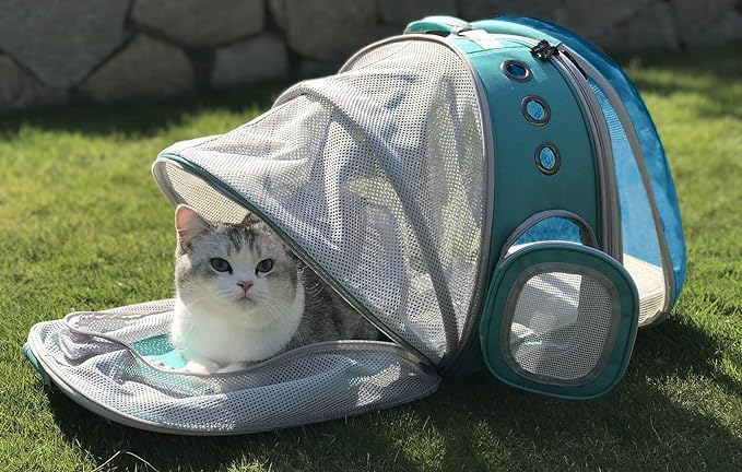 Dual Expandable Polarized Blue Cat Backpack Carrier, Fit up to 20 lbs, Expandable Space Capsule Polarized Bubble Pet Carrier for Large Cat and Small Dog, Pet Carrying Hiking Traveling Backpack