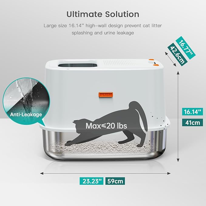 XL Stainless Steel Cat Litter Box Top Entry Extra Large Metal Litter Box with High Side for Big Cats, Multiple Cats, No Odor, Easy to Clean, Anti-Urine Leakage, Dog-Proof, Non-Sticky(Grey)