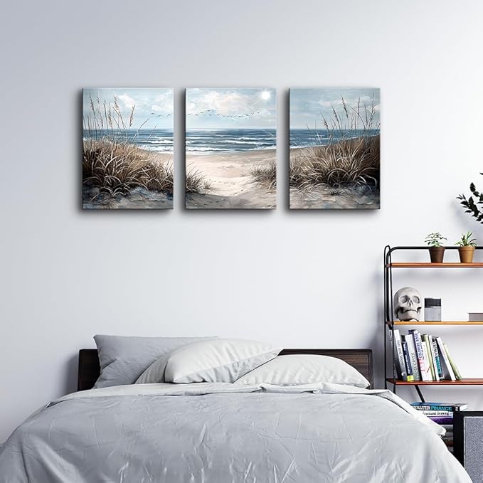 TTHYUEWS Canvas Wall Art For Living Room Wall Decor For Bedroom Modern Office Canvas Art Office Decor Blue Sea Beach Wall Paintings Prints Pictures Artwork Ready To Hang Home Decor 16" X 24"3 Piece