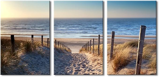 Wieco Art 3 Piece Beach Coastal Sand Dune Canvas Prints Modern Stretched Wall Art Seascape Pictures Paintings for Living Room Bedroom Home Decorations Landscape Artwork
