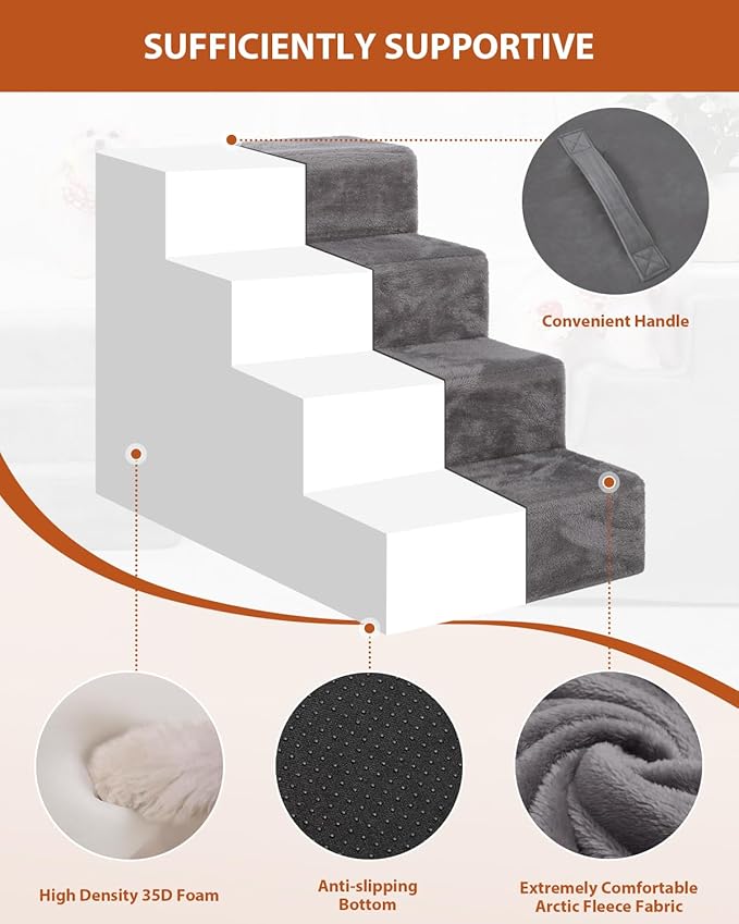 Dog Stairs for Small Dogs,17.5" 4-Step Pet Stairs for High Beds and Couches,Dog Steps with Non-Slip Bottom and High-Density Foam Indoor Outdoor,Grey