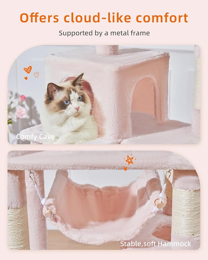 Taoqimiao Cat Tree, 71-Inch Cat Tree Cat Tower for Indoor Cats, Plush Multi-Level Cat Condo with 10 Scratching Posts, 2 Perches,Basket, 2 Caves,Hammock, 2 Pompoms,MS020P Jelly Pink