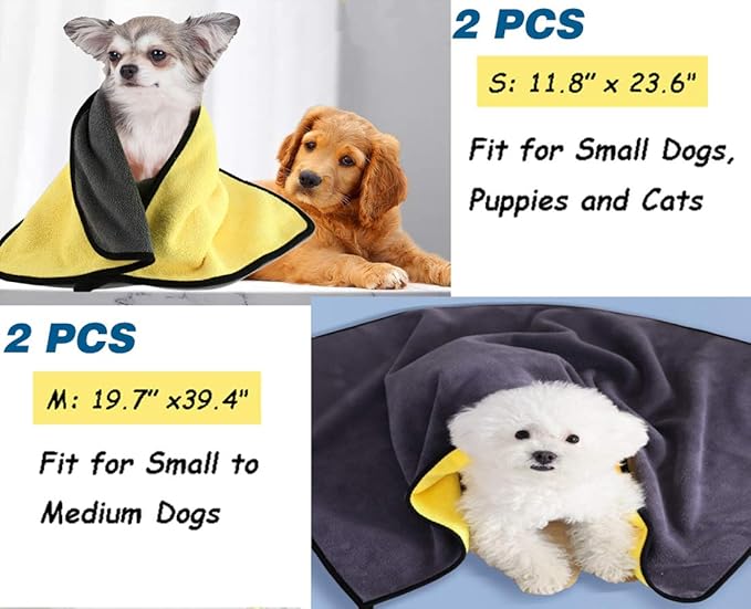 2 Pack Dog Towels Super Absorbent Pet Bath Towel Microfiber Dog Drying Towel for Small Dogs and Cats, Machine Washable, 11.8Inch x 23.6Inch, Yellow-Grey & Green-Grey
