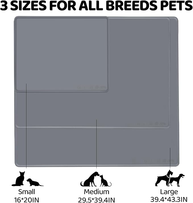 KVK Extra Extra Large Silicone Dog Food Mat 39.4×43.3in and 128oz Silicone Bag Set, Super Size Waterproof Pet Feeding Mat & Container, Non-Slip, Chew-Resistant Floor Protection (Dark Grey&Clear)