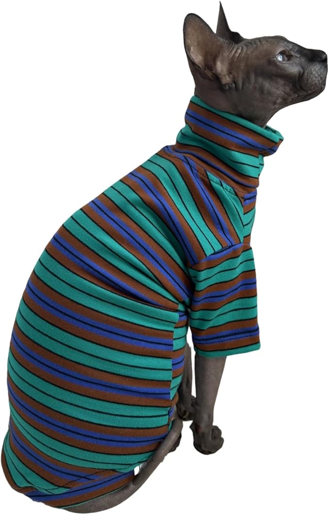 Vintage Stripes Sphynx Hairless Cats Shirt Cotton Cat Turtleneck Pet Clothes Kitten T-Shirts with Sleeves for Sphynx Cornish Rex, Devon Rex, Peterbald (Green Stripe, Small (Pack of 1))