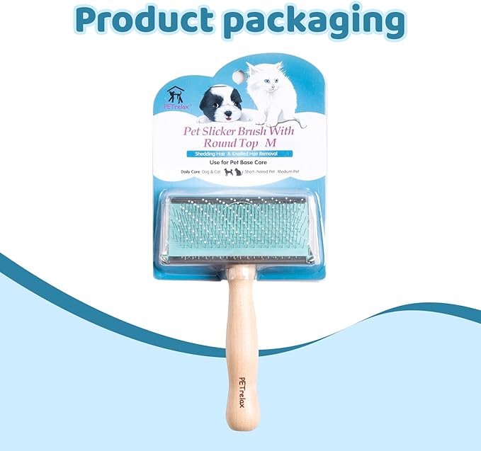 Pin Brush for Dog & Cat,Grooming Brush for Shedding, Dematting, Bath, for Long/Short Hair, Poodles, Indoor Cats, Wooden Handle, with Angled Stainless Steel Pins and Coated Tips