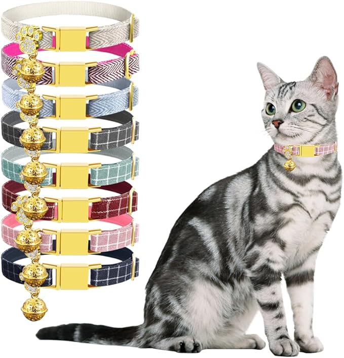 Personalized Breakaway Cat Collars - Magnetic Buckle, Bell - Safety Quick Release, Customized for Girls & Boys Cats- (Checkered-Pink)