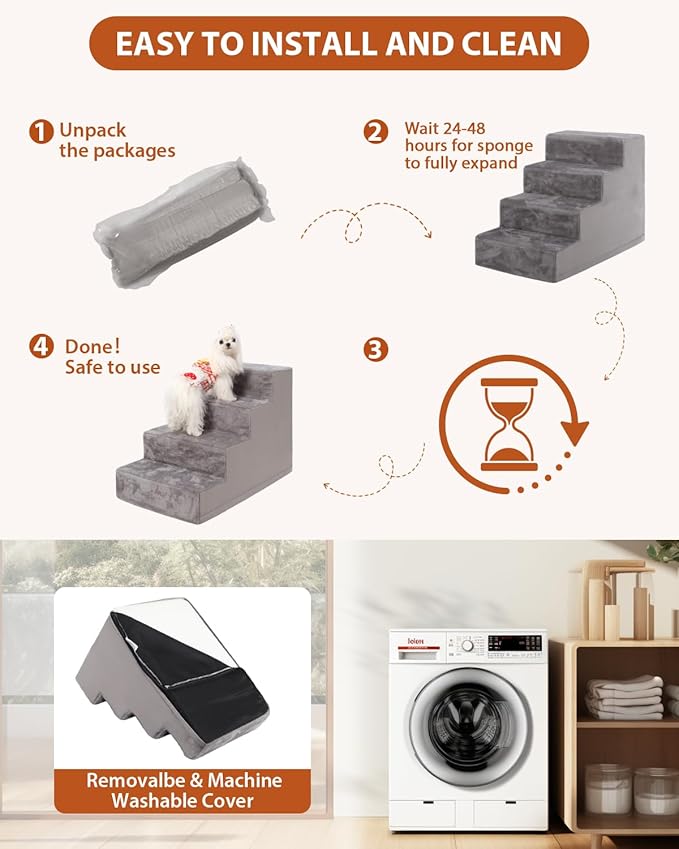 Dog Stairs for Small Dogs,17.5" 4-Step Pet Stairs for High Beds and Couches,Dog Steps with Non-Slip Bottom and High-Density Foam Indoor Outdoor,Grey