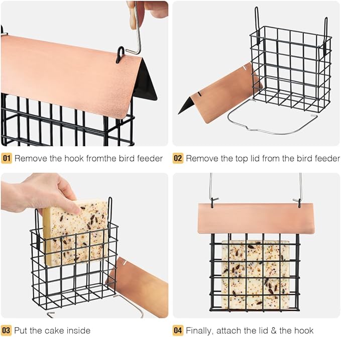 Veehoo 2Pcs Suet Bird Feeder for Outside Hanging with Metal Roof-Suet Cakes Cage Bird Feeder for Outdoors Hanging, Outdoor Garden Wild Bird Feeder Suet Holder, Woodpecker Feeder, Antique Copper