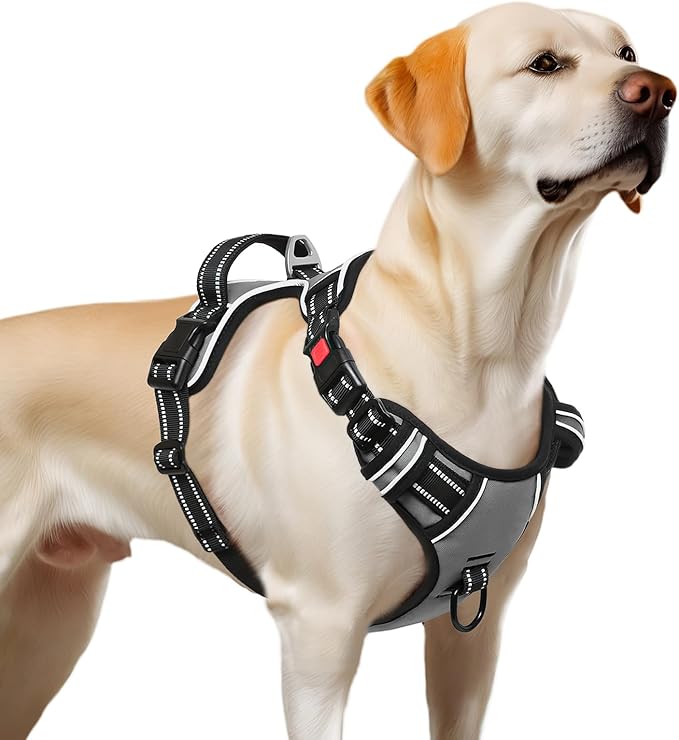 Timos Dog Harness Large Sized, No Pull with Neck Lockable Snap,No Choke Front Clip Dog Reflective Harness,Adjustable Metal Rings 3 Buckles,Easy Control Handle for Large Dogs Gray XL