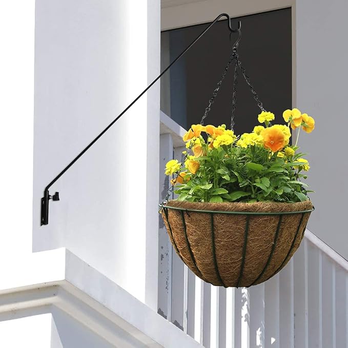 Heavy Duty Extended Reach Wall Mounted Deck Hook Wall Pole, Wall Bracket Direction and Length Adjustable Plant Bracket for Bird Feeders, Planters, Suet Baskets, Lanterns, Wind Chimes and More,Black