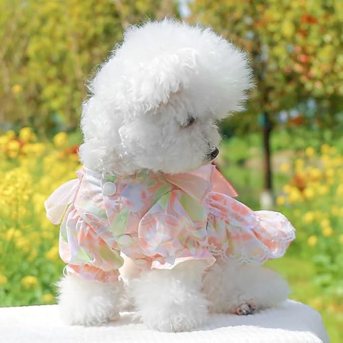 Pink Dog Dress for Small Dog Girl Spring Puppy Clothes with Bow Puff Sleeves Cat Outfit Doggy Princess with Leash Ring Doggies Harness Dress Summer Pet Apparel (Pink, Small)