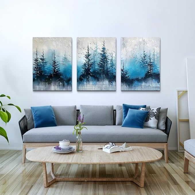 TTHYUEWS Large Canvas Wall Decor for Living Room - Boho Art for Bedroom Forest Landscape Abstract Pictures - Tree Blue Painting Artwork Office Aesthetic Decoration - Hang Easy 3 Piece