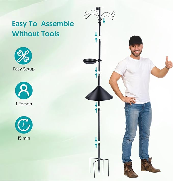 Bird Feeder Pole 92 Inch True Heavy Duty Birdhouse Pole with Squirrel Proof Baffle for Outdoor, Adjustable Bird Feeder Stand with 4 Shepherds Hook Mental Tray for Garden Attracting Wild Birds