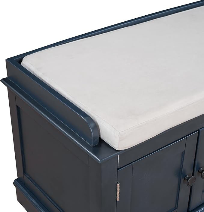 Storage Bench with 4 Doors and Adjustable Shelves, Shoe Bench with Removable Cushion for Living Room, Entryway 42.7" L x 16" W x 17.4" H (Antique Navy)