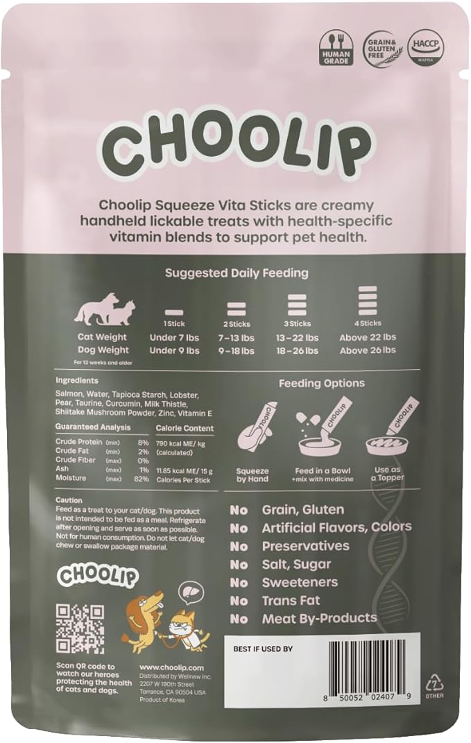 Choolip Squeeze Vita Stick Lickable Cat & Dog Treats – 14 Sticks (2×7 Value Bundle) Liver Support, Creamy Grain-Free Puree with Milk Thistle, Vitamin E & CoQ10 for Detox & Liver Cell Protection