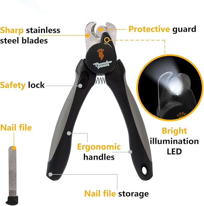 LED Dog Nail Clippers with Light, Trimmers with Protective Guard, Quick Sensor, Safety Lock and Nail File - Suitable for Large and Small Dogs & Cats (Grey, LED)