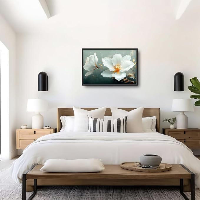 Large White Floral Wall Art for Living Room, Flower Canvas Oversized Wall Decor, Aesthetics Framed Pictures Painting Print Artwork for Bedroom Office 36L" x 24W"