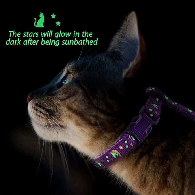 Cat Harness and Leash Set Gold Moons Soft Nylon Escape Proof Adjustable for Kittens Small Animals Glow in The Dark(Purple)