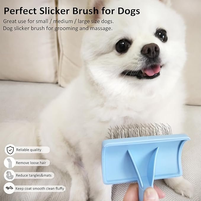 Slicker Brush for Poodles and Goldendoodles - Curved Brush for Thick, Fluffy, Shedding Fur on Dogs and Cats - Soft, Gentle Pins for Grooming (Blue)