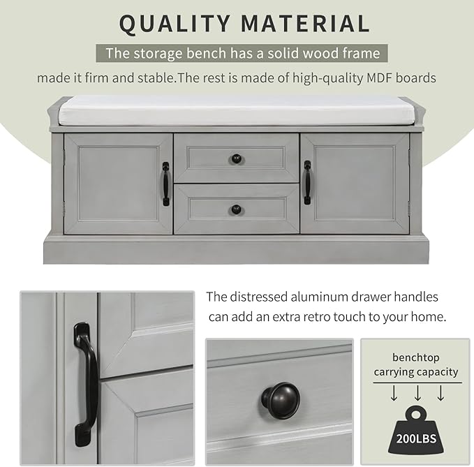 Shoe Storage Bench with 2 Drawers and 2 Cabinets, Pine Wood Shoe Bench with Removable Cushion for Living Room, Entryway 42.5" L x 15.9" W x 17.5" H (Gray Wash)